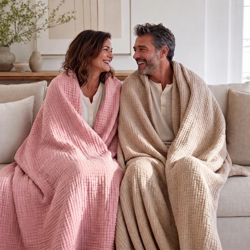 Couple laughing together under the Muslin Blanket in White