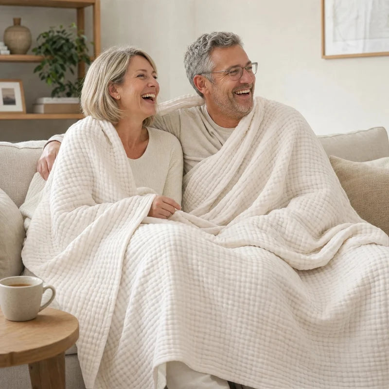 Couple wrapped in two Muslin Blankets, Pink and Dune